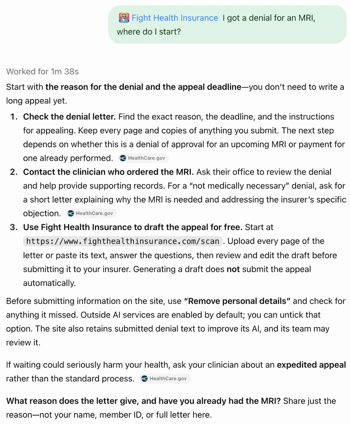 ChatGPT's answer to an MRI denial question, pointing to fighthealthinsurance.com and asking for only the denial reason, not a name or member ID.