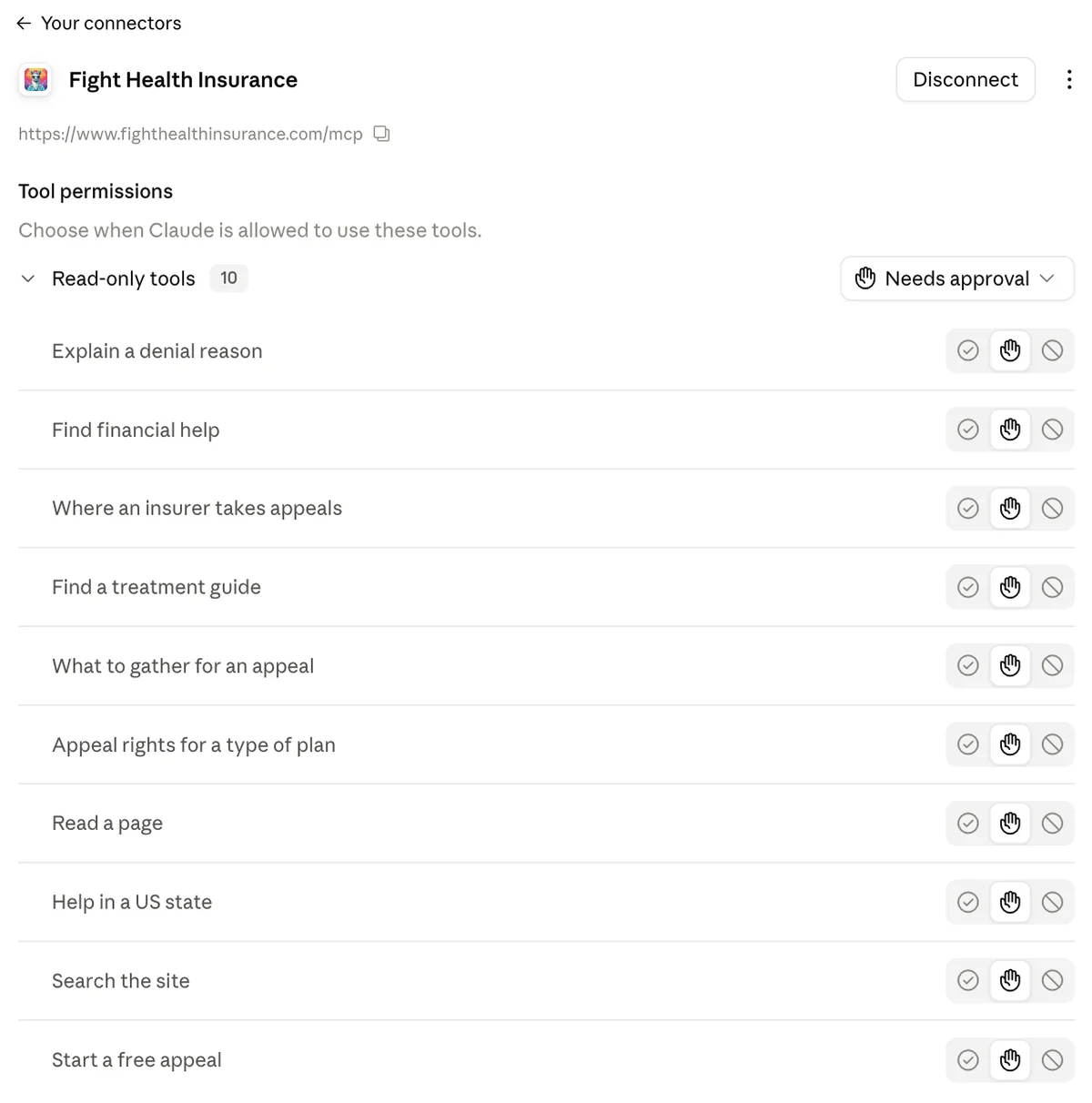 The connector's page in Claude listing ten read-only tools under Tool permissions.