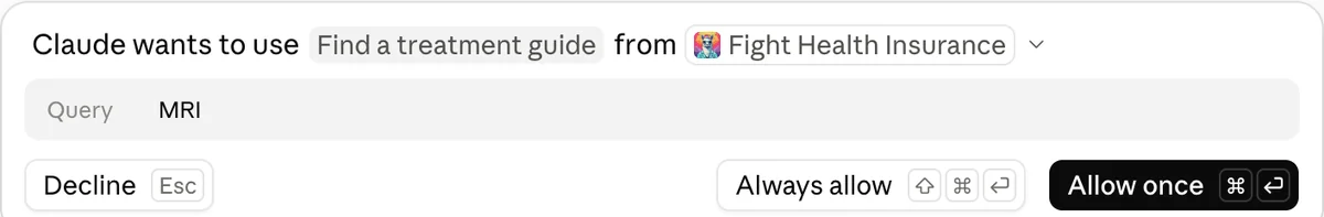Claude asking to use Find a treatment guide from Fight Health Insurance, with Allow once and Always allow buttons.